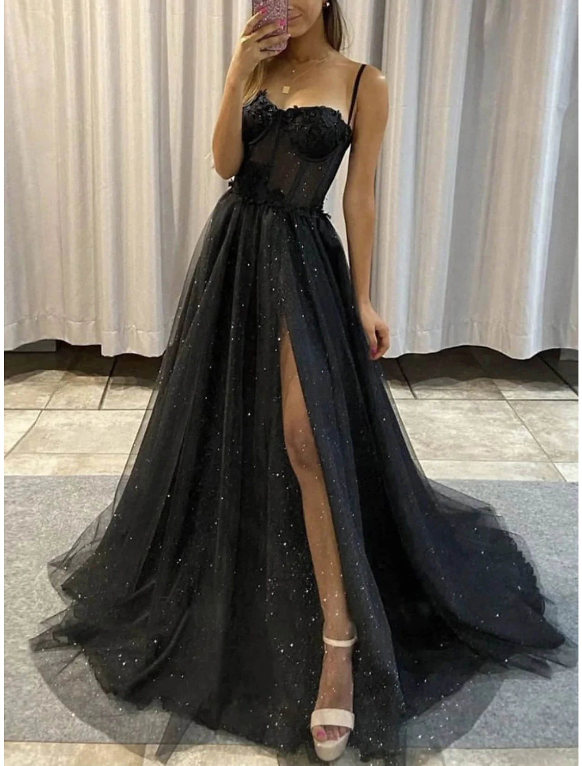 Wholesale A-Line Prom Dresses Glitter Black Dress Plus Size Wedding Dresses Formal Gothic Dress Floor Length Sleeveless Sweetheart Spaghetti Tulle with Slit